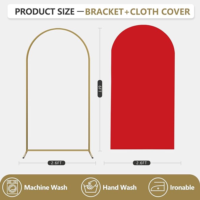 Arch Backdrop Stand and Cover Set, Metal Balloon Arch Backdrop 6ft, Gold Arched Stand Frame for Wedding, Parties,Birthday, Backdrop Decorations (Red,6ft)