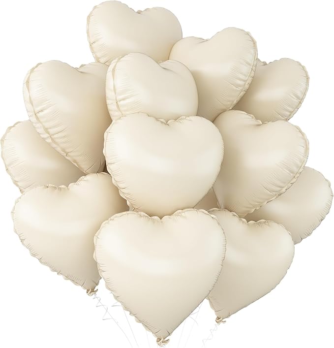 Cream White Heart Balloons,12Pcs Sand White Heart Shaped Foil Balloons,18Inch Beige Helium Polyester Film Balloon for Baby Shower Birthday Anniversary Wedding Party Decorations