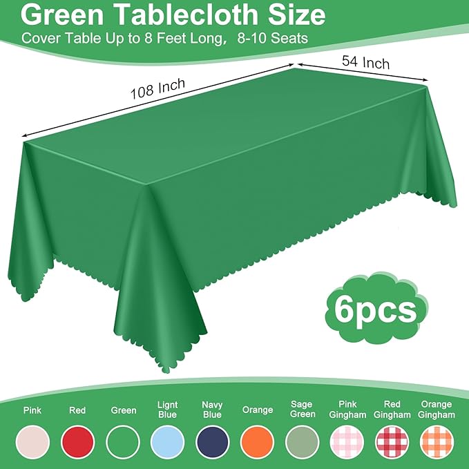 6 Pack St Patrick's Day Tablecloth, 54 x 108 Inch Plastic Green Tablecloths Disposable Green Table Cloth for Rectangle St Patricks Day Decorations, Waterproof Table Cover for Wedding Anniversary Party