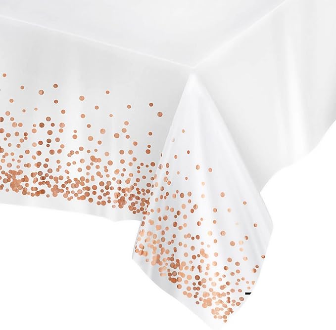 Prestee Rose Gold Plastic Table Cloth Disposable, 4 Pack - 54x108 Inch Rectangle Tablecloths for Wedding and Party - Heavy-Duty, Waterproof Table Covers - Pink and Gold, for Birthday or Fine Dining
