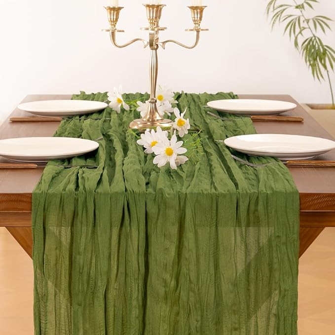 Socomi Campsite Green Easter Spring Cheesecloth Table Runner Boho Rustic Gauze 120 inch 10FT Cheese Cloth Runner for Wedding Party Baby Shower Birthday Home Decor Holiday Decorations