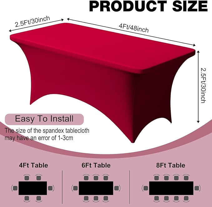 Trlyc 2 Pack 4FT Spandex Table Cloth - 48 x 30 Inch Rectangular Stretch Tablecloth, Wrinkle Resistant Scretch Table Cover for Wedding, Party, Banquet, Picnic, Outdoor Decoration (2Pcs,Burgundy)