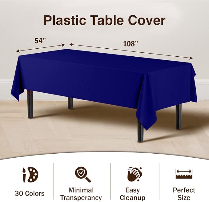 Exquisite Party Solids 6-Pack Premium Plastic Tablecloth 54in. x 108in. Rectangle Plastic Table Cover - Navy