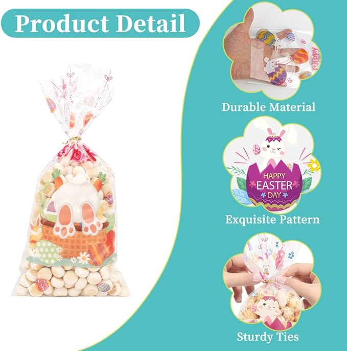 Easter Goodie Bags, 200 PCS Easter Cellophane Treat Bags, Easter Cookie Snack Candy Party Favor Ziplock Cookie Bags Holiday Candy Bags Easter Plastic Gift Bags for Gift Giving Easter Decorations