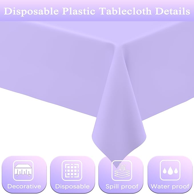 WNINK 6 Pack Light Purple Rectangular Plastic Tablecloths, Pastel Purple Disposable Table Covers 54" x 108" for Birthday, BBQ, Bridal Shower, Engagement Wedding, Picnic Parties and 8 ft Table Use