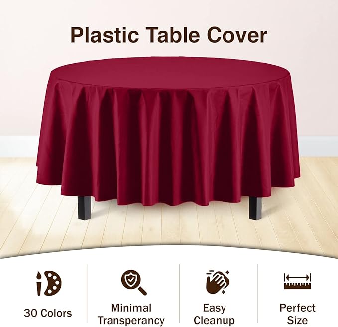Exquisite Party Solids 6-Pack Premium Plastic Tablecloth 84in. Round Plastic Table Cover - Burgundy