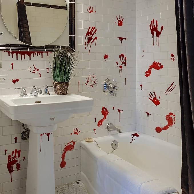 Spooky Party Decorations Set Banner + Night Glow Eye Stickers + Blood Footprint Handprint Floor Clings Decals + Ghost Shadow Toilet Sticker for Halloween Zombie Vampire Party