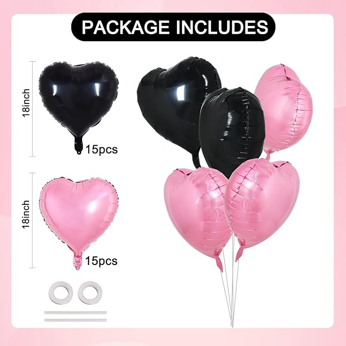 TONIFUL 30Pcs 18 Inch Pink Black Heart Balloons Valentine’s Day Heart Shape Foil Mylar Balloons Decoration for Romantic Valentine's Day Wedding Bridal Shower Anniversary Engagement Party Supplies