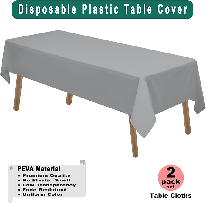Silver Plastic Tablecloths 2 Pack Dark Gray Disposable Table Covers 54 x 108 Inch Bridal Shower Party Tablecovers PEVA Galaxy Grey Table Cloths for Picnic Birthday Wedding 8 ft Rectangle Table Use