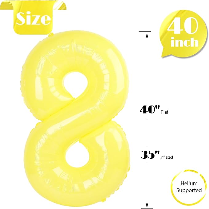 Yellow 8 Balloon, Number Balloons 40 Inch, 8th Birthday Decorations for Girls, Birthday Balloons, Yellow Party Supplies, Number 8 Balloon