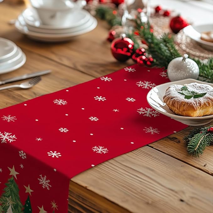 GEEORY Christmas Table Runner 13x108 Inch, Xmas Trees Snowflakes Holiday Decorative Farmhouse Table Decoration for Kitchen Dinning, Indoor Outdoor Dinner Party Decor (Red) GT150-108