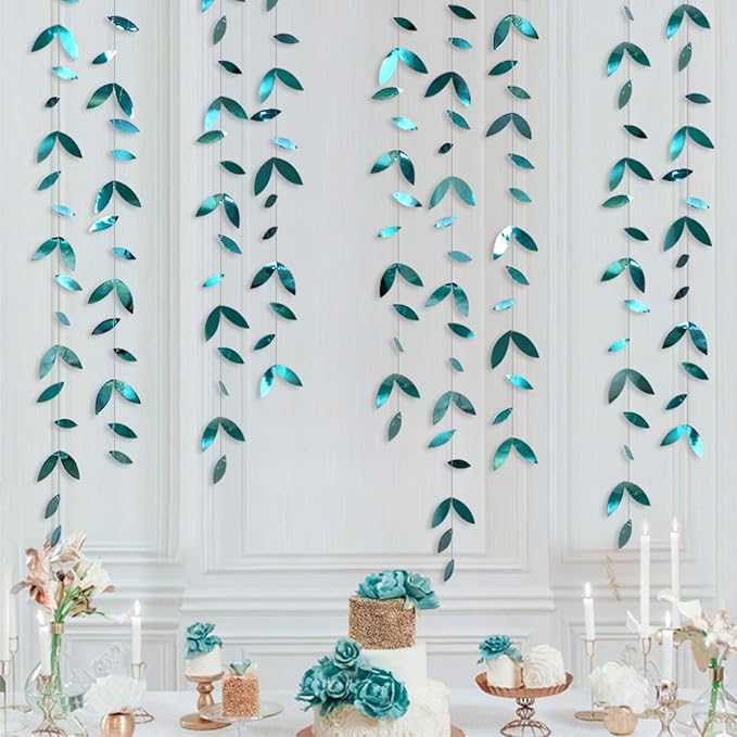 PinkBlume 52 Ft Dark Green Leaf Garland, Emerald Turquoise Paper Hanging Leaves Streamer, Teal Aqua Green Banner for Wedding, Bridal Shower, Engagement, Party Decorations
