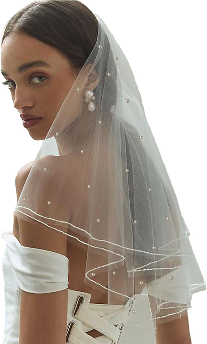 White Short Wedding Veil Pearl Rhinestone Bride Veils Bridal Veils Bachelorette Party Veil for Brides and Women