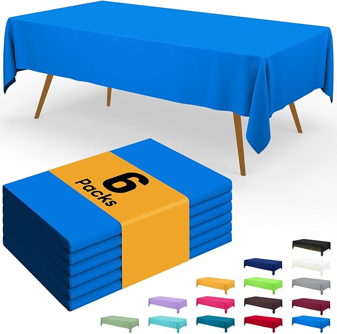 Smiry Disposable Table Cloth - 6 Pack, 54 x 108 Inch Waterproof Rectangle Tablecloths for Parties, Decorative Plastic Table Cover, Leakproof & Sturdy, Blue