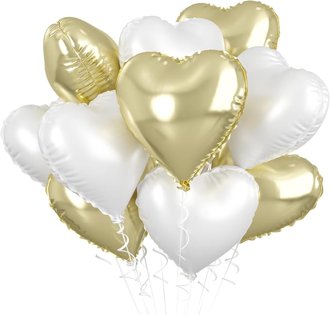 Biapian Pastel Gold Heart Balloons - 10 Pcs, 18 Inch, White Foil, Helium for Valentine's Day, Birthday, Wedding, Baby Shower Decoration