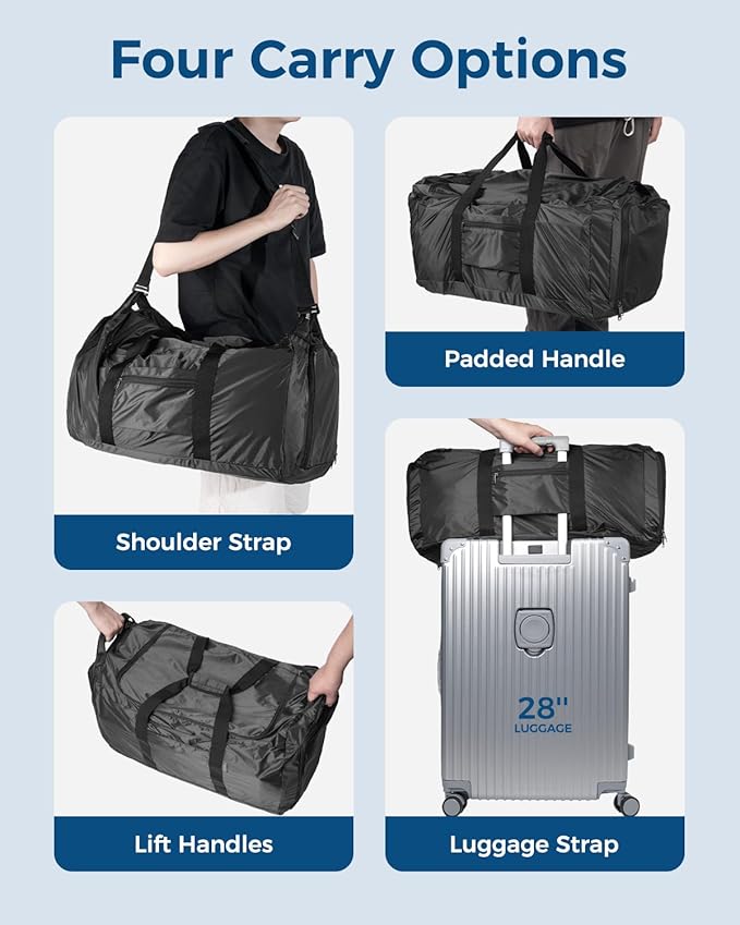 pack all 65L Foldable Travel Duffel Bag, Packable Weekender Bag with Shoe Compartment, Water-Resistant Gym Bag with Adjustable Strap for Overnight, Sports and Camping (Black)