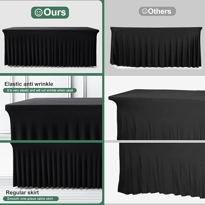 Table Skirt for 4 Foot Tables - 2 Pack One-Piece Black Tablecloths and Skirt, Wrinkle Resistant Ruffles Elastic Cover for Banquets, Weddings, Events, Parties