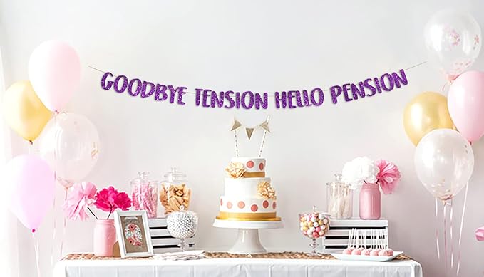 Pre-Strung Goodbye Tension Hello Pension Purple Glitter Banner - Funny Retirement Decorations for Men and Women - Retirement Party Supplies and Gifts