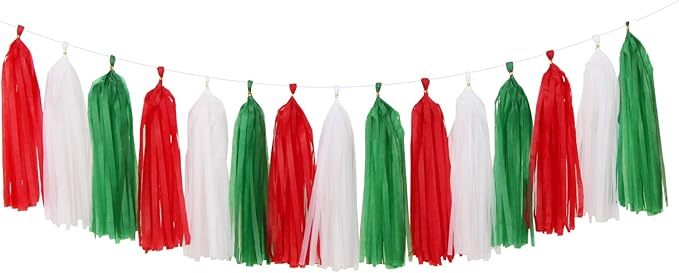 Red-Green White Christmas Party-Decorations Tassel-Garland -15pcs Mexico Italy Tassels Banner Streamers,Mexican Italian Birthday Wedding Baby Shower Decor Panduola