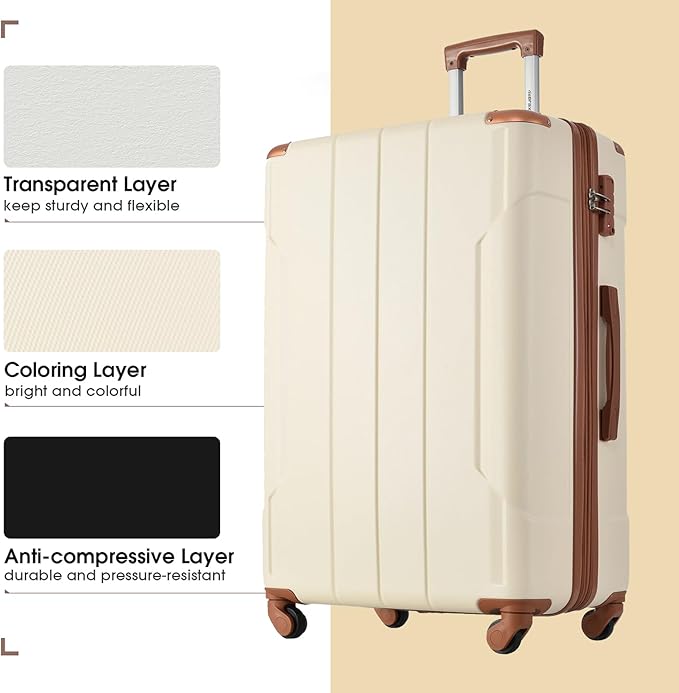 Merax Suitcases With Wheels Hardside Luggage Sets 3 Piece, Expandable And Lightweight, Travel Suitcases For Woman And Man (White Brown)