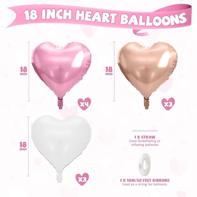 Rose Gold Heart Balloons, 10 Pcs Light Pink Heart Shaped Balloon, 18 Inch Rose Gold and White Foil Balloons Helium for Girls Women Brithday Bridal Baby Shower Wedding Valentines Party Decorations