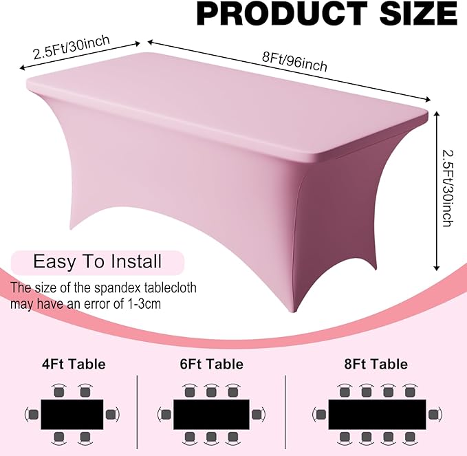 Trlyc 1 Pack 8FT Spandex Table Cloth - 96 x 30 Inch Rectangular Stretch Tablecloth, Wrinkle Resistant Scretch Table Cover for Wedding, Party, Banquet, Picnic, Outdoor Decoration (1Pcs,Pink)
