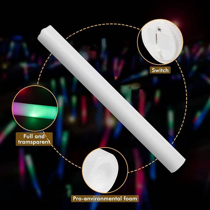 44 PCS Foam Glow Sticks Bulk with 3 Modes Colorful Flashing, Glow Sticks Pack, Foam Light Up Sticks, Glow in Dark Party Supplies for Wedding, Raves, Party, Halloween, 4th of July