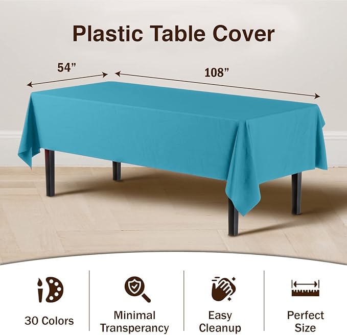 Exquisite 12-Pack Premium Plastic Tablecloth Pack of 12 Premium Plastic Tablecloth 54 Inch x 108 Inch Rectangle Table Cover - Turquoise