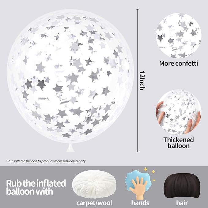 VHUWE 25 Pcs Silver Star Confetti Balloons, 12 Inch Clear Latex Balloon with Confetti Inside for Birthday Party Baby Shower Graduation Engagement Bridal Shower Decorations Supplies - Star Confetti