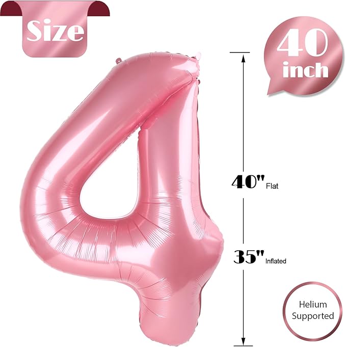 Pearlescent Pink Number 4 Balloon 40 Inch, 4th Birthday Party Decorations for Children, Giant 4 Foil Balloon for Party Supplies
