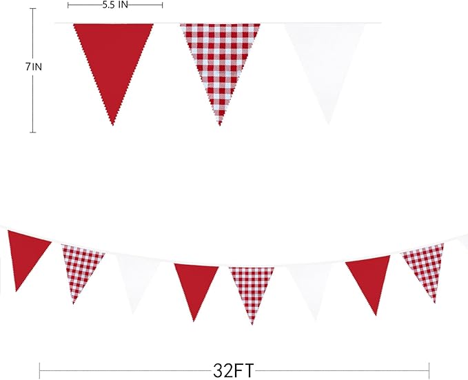 32Ft Red Party Decorations Red Plaid Checkered White Triangle Flag Gingham Pennant Bunting Fabric Garland for Christmas Wedding Birthday Carnival Picnic X-mas Outdoor Home Party Festivals Decoration