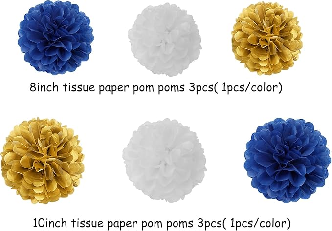 Navy-Blue White-Gold Party-Decoration Graduation Banner - 8pcs Kits Cap Garland Streamers, Paper Tissue Pom Poms Flowers, 2025 Craduate Banner Congratulations Grad Decor Lasting Surprise