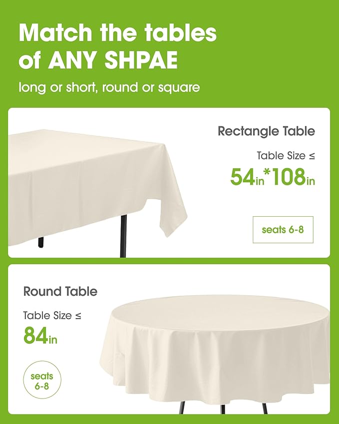 Pureegg Plastic Table Cloth Disposable 10 Pack, 54 x 108 Inch Table Cloths, Party, Wedding, Thanksgiving Decorations, Fall Tablecloths, Rectangle, Beige Plastic Cover, Leakproof & Sturdy, Cream, Ivory
