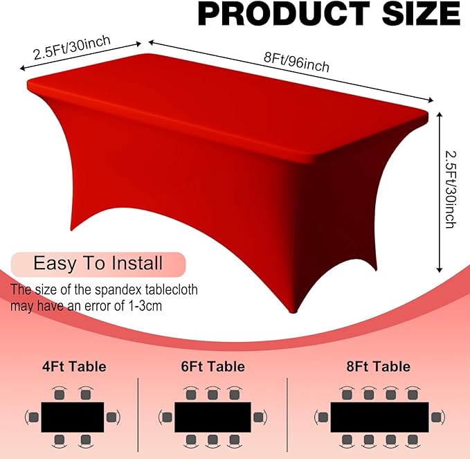 Trlyc 2 Pack 8FT Spandex Table Cloth - 96 x 30 Inch Rectangular Stretch Tablecloth, Wrinkle Resistant Scretch Table Cover for Wedding, Party, Banquet, Picnic, Outdoor Decoration (2Pcs,Red)