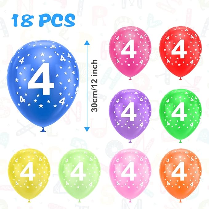 Ainiv 4th Birthday Balloons 18PCS, 12inch Numbers Printed Latex Party Balloons, 4th Anniversary Party Supplies Balloons, Numbers Balloons Decorations for Girls Boys 4 Year Old Birthday Party