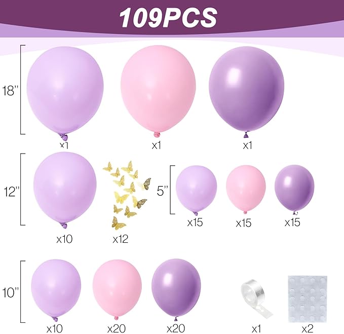 Purple Pink Balloons Garland Arch Kit, 109Pcs Butterfly Pink Balloons Garland Kit 18/10/5 Inch Light Pink Latex Balloons with 3D Butterfly Sticker for Girl Women Birthday Baby Shower