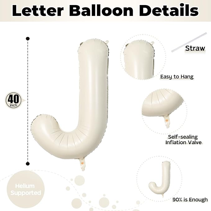 40 Inch Cream Letter Balloon, Big Alphabet J Foil Word Beige, Large Inflatable Name White Decor, Mylar Helium Custom for Women Birthday Party Decoration