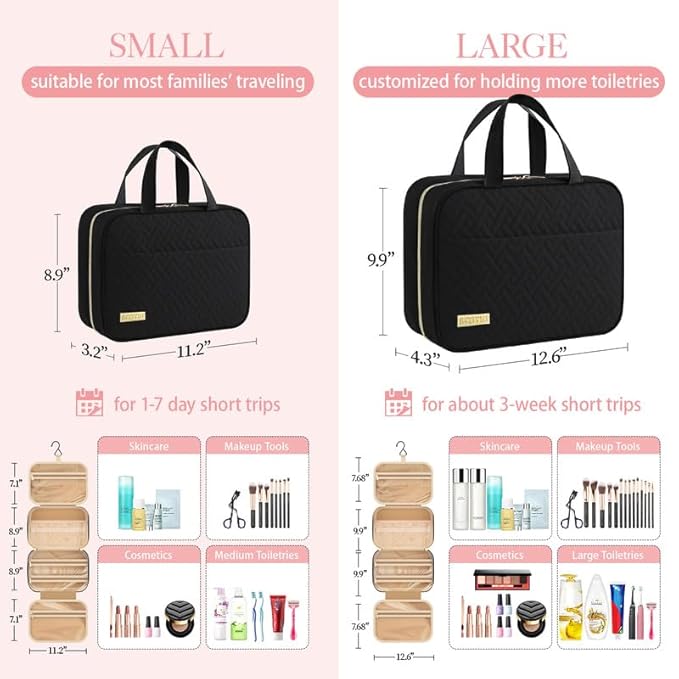 HOTOR Travel Toiletry Bag - Hanging Toiletry Bag for Women & Men, Makeup Bag/Big Comparment, Waterproof for Travel Accessories, Travel Essentials, Medium, Black