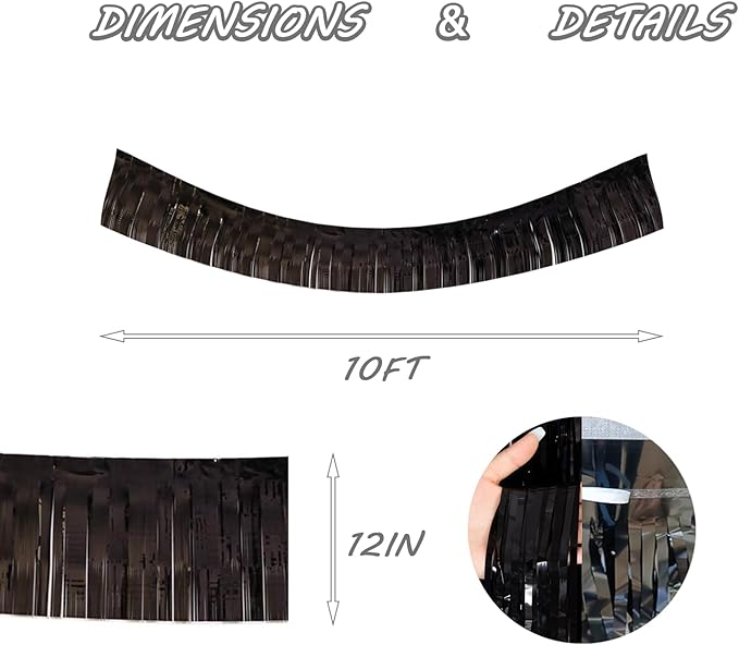 Black Foil Fringe Garland 10FT 2packs, Metallic Foil Tinsel Fringe Banners for Parade Float Decorations Wedding, Birthday Party Graduation (Two Black)