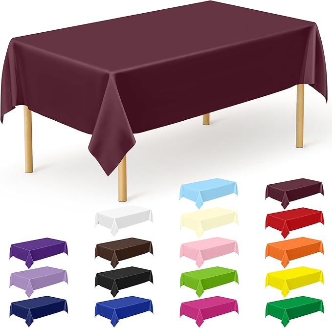 QZYL 12 PCS Wine Plastic Tablecloths, 54 in x 108 in Dinner Table Cloths, Rectangle Table Cover for Birthday Party Family Gathering Wedding