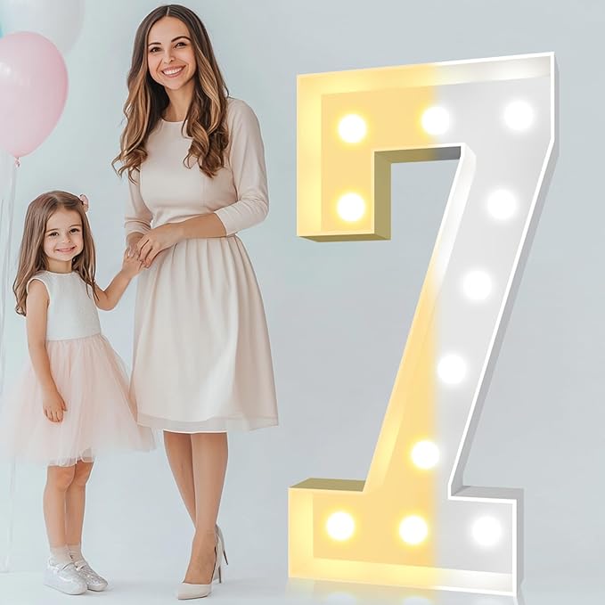 Pooqla 4 FT Light Up Marquee Numbers, Giant Mosaic Number Cool White and Warm White LED, Large Lighted Marquee Numbers for Balloons 7th 17th 70th Birthday Party Decoration, LED 7