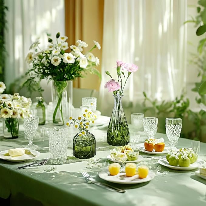 Green Glass Bud Vases Set of 12, Mini Flower Vase for Centerpieces, Small Glass Vases in Bulk for Wedding Decorations, Vintage Vase for Bridal Shower, Party, Recepetion, Home Table Décor