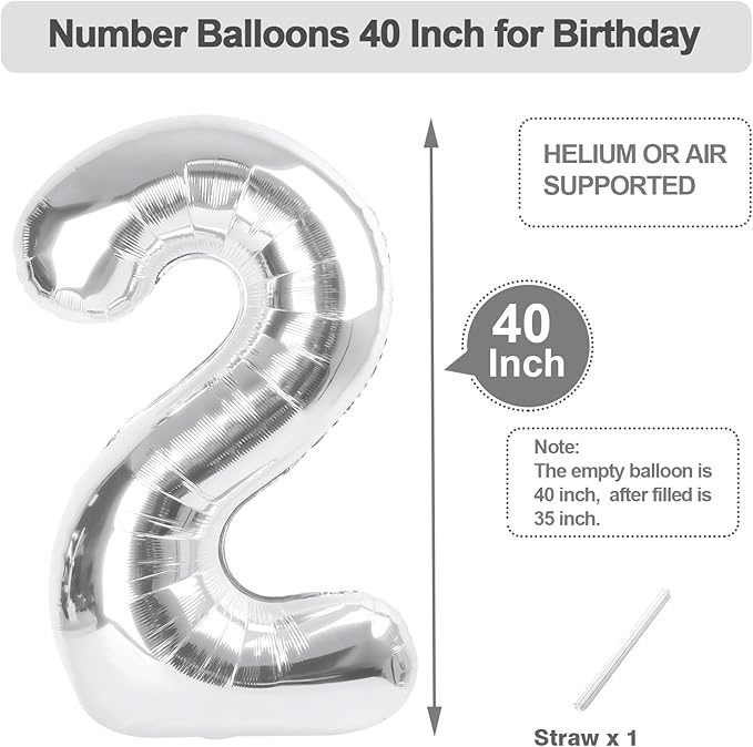 12 Number Balloons, Silver Balloons for Woman Man 12th Birthday Party Decoration, 40 Inch Foil Number 12 Ballon for 12, 21 Anniversary, Bridal Shower, Graduation, Wedding, New Year, Valentine's Day