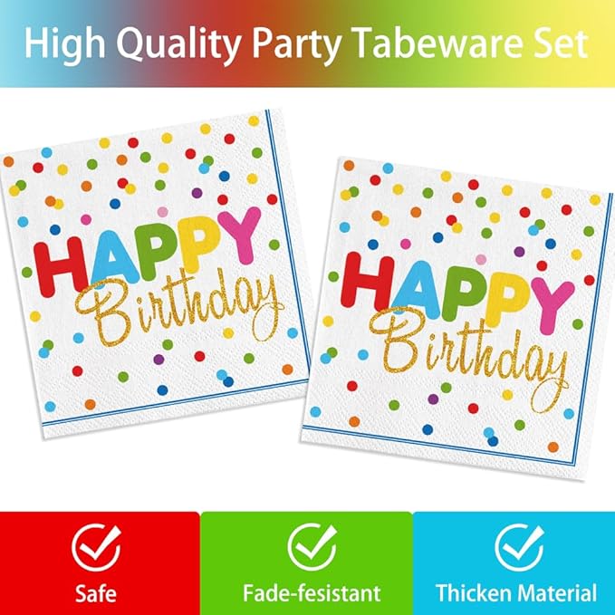 140pcs Happy Birthday Party Supplies Set with Colorful Polka Dots Design- Includes Disposable Paper Birthday Plates and Napkins, Cups,Dots Party Supplies Serves 20 Guests