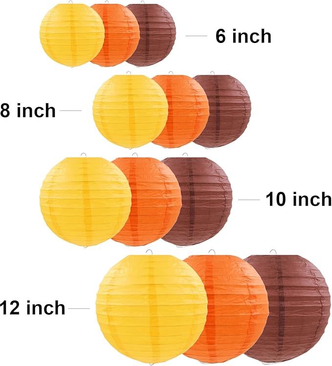 12 Pcs Fall Paper Lanterns Thanksgiving Decorations Yellow Orange and Brown Paper Lanterns Autumn Decorative Round Hanging Party Decorations Harvest Theme Party Supplies