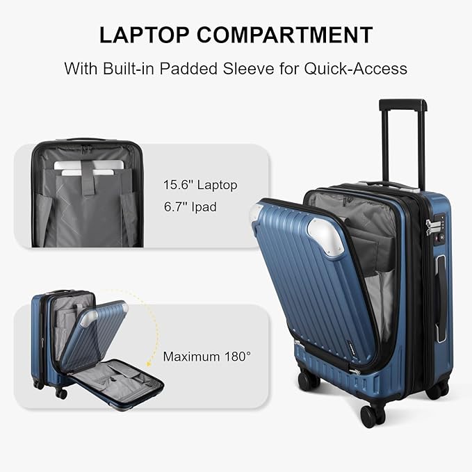 LEVEL8 Grace Carry On Luggage Airline Approved, 20 Inch Expandable Hardside Carry On Suitcase With Wheels, Abs+Pc Small Luggage with Tsa Lock, Blue, 20-Inch