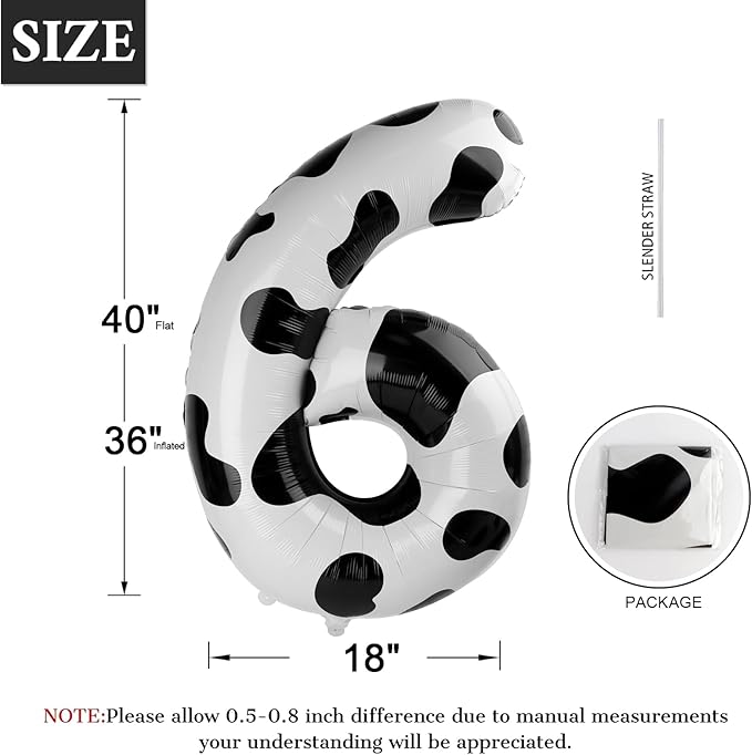 Cow Print Number Balloon Birthday Decorations, 40 inch Number balloon 0-9(Zero-Nine), Cow Balloon for Farm Birthday Party Supplies, Cow Themed birthday party Decorations (Number 6)