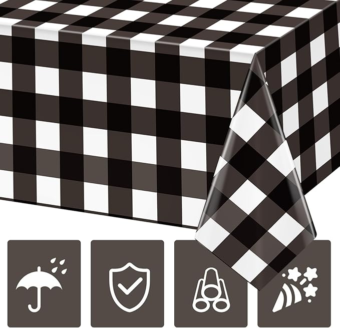 Hxezoc Buffalo Plaid Plastic Tablecloth, 54 x 108 Inch Black and White Checkered Disposable Winter Table Cover for Birthday Party Decorations Outdoor Indoor Party Supplies