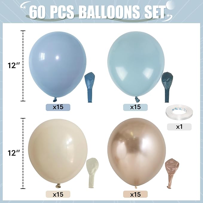 Dusty Blue and Gold Balloons, 60 PCS 12 Inch Slate Fog Pastel Baby Blue Sand White and Gold Balloons for Baby Boy Shower Bridal Shower Birthday Wedding Party Decorations