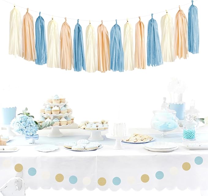 Dusty-Blue Baby-Shower Party-Decorations Tassel-Garland - 15pcs Neutral Boho Birthday Wedding Bridal Tassels, Beige Champagne Banner Streamers, Engagement Bachelorette Decor Panduola